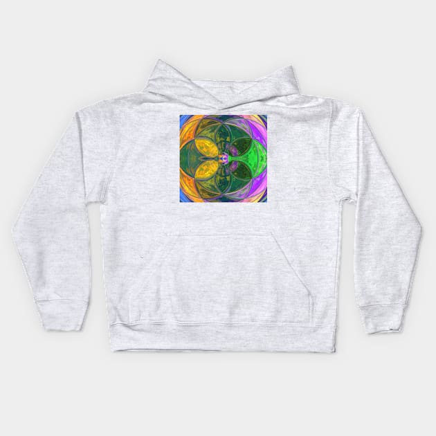 Mosaic Kaleidoscope Flower Yellow Green and Pink Kids Hoodie by WormholeOrbital